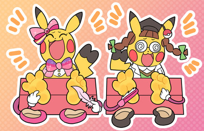 3_toes anthro black_clothing black_ear_tips black_footwear black_shoes black_tail_tip bow_tie brown_hair cheek_spots clothed clothed_female clothing coat cosplay_pikachu_(costume) dipstick_ears dipstick_tail duo ear_markings eyes_closed eyewear feet female foot_fetish footwear glasses graduation_cap hair lab_coat laugh loose_feather markings multicolored_ears open_mouth open_smile pink_clothing pink_footwear pink_shoes restrained restraints shoes shoes_removed smile soles spiral_glasses stocks tail tail_markings tickle_fetish tickle_torture tickling tickling_feet toes topwear yellow_body compysteps nintendo pokemon cosplay_pikachu_(character) pikachu_ph._d pikachu_pop_star generation_1_pokemon pikachu pokemon_(species) 14:9 absurd_res hi_res