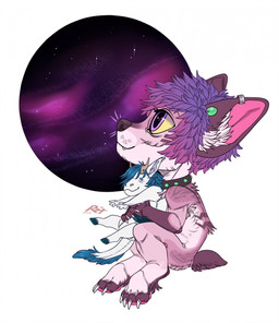 ambiguous_gender anthro black_collar chibi claws closed_smile collar ear_piercing ear_ring eyelashes fur gauged_ear glistening glistening_eyes gradient_hair hair holding_object holding_plushie looking_up mouth_closed multicolored_hair nude pawpads piercing pink_body pink_fur pink_hair pink_inner_ear pink_pawpads plushie purple_eyes purple_hair ring_piercing side_view simple_background sitting smile solo toe_claws two_tone_hair white_background white_claws yellow_sclera riorix canid mammal full-length_portrait hi_res portrait