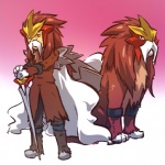 1:1 alternate_species brown_hair clothed clothing cosplay duo entei facial_hair feral fully_clothed generation_2_pokemon hair hitec holding_melee_weapon holding_object holding_sword holding_weapon human humanized legendary_pokemon male mammal melee_weapon mustache nintendo pokemon pokemon_(species) pose sword weapon