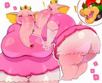 anthro big_breasts big_butt blonde_eyebrows bloomers blue_eyes bottomwear breasts butt clothing crown dress duo eyebrows female hair headgear heart_eyes heart_symbol horn huge_breasts huge_butt male male/female pink_body pink_clothing pink_dress pink_ears princess proboscis_(anatomy) red_eyebrows red_hair royalty simple_background thick_thighs trunk_(anatomy) white_background yellow_inner_ear petroverr mario_bros nintendo bowser elephant_peach princess_peach elephant elephantid koopa mammal proboscidean scalie 2024 colored digital_media_(artwork) hi_res