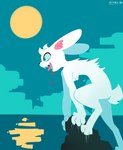 anthro blood bodily_fluids fur head_tuft moon night open_mouth outside sharp_teeth solo teeth tongue tuft white_body white_fur hydrabb lagomorph leporid mammal rabbit 2022 digital_media_(artwork) lineless