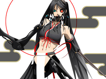 abstract_background asian_clothing black_clothing black_hair black_shirt black_topwear blue_eyes bone bone_arm bottomwear breasts clothing crop_top cybernetic_eye cybernetics female front_view hair loincloth long_arms long_hair looking_aside machine mechanical_arm medium_breasts midriff navel not_furry red_eyes shirt solo topwear twintails_(hairstyle) white_bottomwear white_clothing white_loincloth wire deino_(artist) calne_ca humanoid robot robot_humanoid 2009 3d_(artwork) 4:3 autodesk_3ds_max_(artwork) digital_media_(artwork)