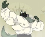 anthro big_muscles bodily_fluids clothed clothing gas_mask huge_muscles hyper hyper_muscles male mask muscular musk solo sweat sweaty_body parttimeyeen_(artist) tox_(parttimeyeen) hi_res