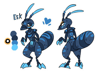 3_fingers ambiguous_gender antennae_(anatomy) anthro biped black_eyes blue_body blue_markings chest_markings color_swatch facial_markings fingers head_markings heart_(marking) heart_symbol leg_markings lidded_eyes markings multicolored_antennae pupils simple_background solo standing text white_background white_pupils yellow_sclera eekanant eek_(eekanant) ant arthropod hymenopteran insect character_name digital_drawing_(artwork) digital_media_(artwork) flat_colors hi_res model_sheet