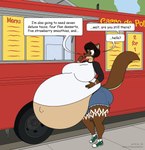 anthro belly big_belly big_breasts bottomwear breasts brown_body butt clothed clothing commercial_vehicle copyright_symbol delivery_(commerce) delivery_vehicle dialogue dialogue_box female food_truck footwear fur green_eyes greeting hand_on_belly huge_belly huge_breasts hyper hyper_belly hyper_pregnancy long_sleeves markings medium_truck menu multi-stop_van multicolored_body multicolored_fur navel open_mouth outie_navel plant pregnant road shirt shoes shorts sidewalk sky sneakers solo speech_bubble symbol text thick_thighs tire topwear tree truck two_tone_body two_tone_fur van vehicle wheel wide_hips satsumalord josie_(rockytheowl) canid canine canis coyote mammal 2022 comic_sans digital_media_(artwork) english_text hi_res