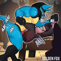 anthro arm_grab black_body black_fur blue_body blue_fur bodily_fluids body_writing breasts detailed_background duo eye_scar facial_scar female forced from_front_position fur furniture holding_leg humiliation knot larger_male looking_at_another lying male male/female missionary_position moan motion_blur muscular muscular_male on_back on_table onomatopoeia open_mouth plap public public_humiliation public_sex public_use questionable_consent rough_sex scar sex size_difference smaller_female smile smirk sound_effects table tears text yellow_body yellow_fur golden_fox nintendo pokemon nagisalucario sol_evernight generation_4_pokemon kobold lucario pokemon_(species) scalie 1:1 hi_res