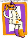 anthro bodily_fluids butt determined female fur heart_symbol orange_body orange_fur pawpads purple_body purple_fur sitting solo tail tears white_body white_fur theenyface cally_(theenyface) domestic_cat felid feline felis mammal