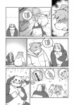 anthro bear bodily_fluids canid canine canis chair comic dialogue domestic_dog drill ellipsis eyes_closed fungus furniture greyscale hi_res japanese_text male mammal monochrome mushroom obese overweight pictographics shaking_head sweat table takagi_kyou text translation_request