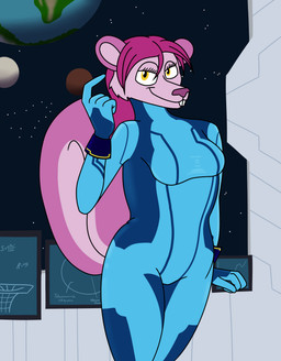 anthro clothing computer electronics eyelashes female fur hair looking_at_viewer pink_body pink_fur pink_hair planet purple_body purple_fur purple_hair smile solo space spacecraft star tight_clothing vehicle yellow_eyes zero_suit aaron_amethyst metroid nintendo mammal rodent sciurid tree_squirrel absurd_res digital_media_(artwork) hi_res paint_tool_sai_(artwork)