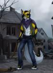 abs anthro arrow_(weapon) bow_(weapon) eyewear fur goggles hair male outside quiver_(object) ranged_weapon smile solo standing tail weapon elvofirida dryden_teichmann canid canine fox jex mammal