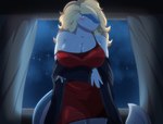 anthro big_breasts blonde_hair blue_body blush breasts clothed clothing dress female fin front_view hair huge_breasts inside looking_at_viewer night red_clothing red_dress sky solo standing star tail tail_fin white_body veisz_stories baleen_whale cetacean mammal marine whale absurd_res hi_res