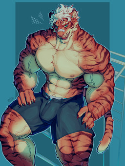 abs anthro areola bandage bandage_on_face bandage_on_nose big_muscles black_bottomwear black_clothing black_shorts bottomwear bulge claws clothed clothing eyebrow_slit eyebrows finger_claws fur green_eyes hair huge_muscles male muscular muscular_anthro muscular_male nipples open_bottomwear open_clothing open_mouth open_shorts pecs shorts sitting solo striped_body striped_fur stripes teeth underwear veiny_arms veiny_legs white_hair mixterart felid mammal pantherine tiger 2024 absurd_res hi_res