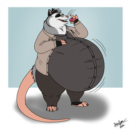 anthro belly belly_expansion big_belly biped black_body black_fur button_(fastener) chubby_cheeks claws clothed clothing dessert doughnut eating expansion eyes_closed eyewear food fur glasses grey_body grey_fur hand_on_belly holding_doughnut holding_food holding_object male obese obese_anthro obese_male open_mouth open_smile overweight overweight_anthro overweight_male pastry pince-nez smile solo standing straining_buttons stuffing toe_claws white_body white_fur nissandriver217 cooper_o_possum american_opossum mammal marsupial virginia_opossum 1:1 2026 dated hi_res signature