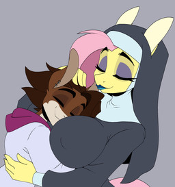 anthro blue_lips blue_lipstick clothing duo ear_piercing eyelashes eyeshadow female hair head_between_breasts lips lipstick makeup male nipple_outline nun nun_habit piercing pink_hair purple_eyeshadow religious_clothing jrvanesbroek friendship_is_magic hasbro my_little_pony fluttershy_(mlp) equid equine mammal hi_res