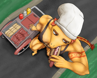 anthro eating female food hot_dog muscular muscular_female park solo standing marunishkek cavemanon_studios cooking_with_tracy snoot_game tracy_(cwt) dinosaur prehistoric_species reptile scalie hi_res