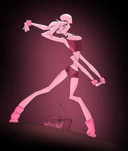 anthro boombox choker dancing exercise eyes_closed femboy hair hair_bun jewelry male necklace simple_background solo sportswear standing stretching sweatband workout bigdad hazbin_hotel hellaverse angel_dust arachnid arthropod demon spider hi_res