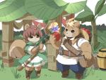 anthro apple blush bottomwear brown_body brown_fur clothed clothing duo female food fruit fur hair humanoid_hands male pants plant shirt topwear ayame42612 caravan_stories mignono rorotata mammal rodent sciurid tree_squirrel 2018