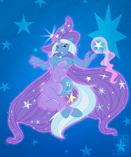 anthro anthrofied blue_hair breasts cleavage clothed clothing cutie_mark female glowing hair hat headgear headwear horn legwear levitation magic multicolored_hair pattern_background purple_eyes simple_background solo sparkles star star-shaped_background star_polygon stockings tail two_tone_hair wand white_hair wizard_hat tyelle_niko friendship_is_magic hasbro my_little_pony mythology trixie_(mlp) equid equine mammal mythological_creature mythological_equine unicorn 2011 5:6 absurd_res hi_res