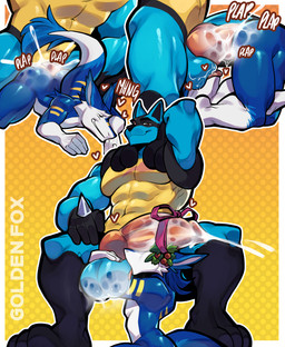 abs anal anal_penetration anthro ball_suck balls big_balls big_knot big_penis black_body black_fur blue_body blue_fur bodily_fluids bow_ribbon cleaning_balls cleaning_cock cum cum_in_ass cum_inside dominant dominant_male duo ejaculation eye_scar facial_scar fucked_silly fur genital_fluids genitals heart_symbol kneeling knot knotted_penis larger_male looking_at_viewer looking_pleasured male male/male mistletoe muscular muscular_male oral penetration penis penis_on_face plant plap rough_sex saliva scar sex simple_background size_difference stripes sucking tail tongue tongue_out white_body white_fur worship yellow_body yellow_fur yellow_stripes golden_fox can't_see_the_haters nintendo pokemon nagisalucario vice_the_sergal generation_4_pokemon lucario pokemon_(species) sergal hi_res meme multiple_scenes