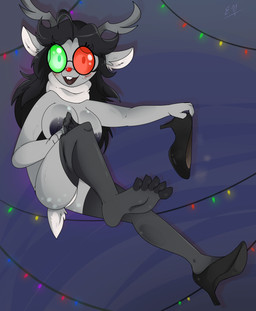 5_toes alternate_universe anthro antlers areola barefoot big_breasts biped blush blush_lines breasts buckteeth butt camel_toe clothed clothing eyewear feet female female_anthro foot_fetish foot_focus footwear freckled_face freckles fur glasses glowing grey_body hair heterochromia high_heels horn humanoid_feet legwear looking_at_viewer nails nipples panties partially_clothed plantigrade red_nose shoes simple_background smile soles solo spots spotted_butt steam stockings tail teeth toenails toes underwear white_body white_fur e-01 deltarune undertale_(series) noelle_holiday spamelle deer mammal new_world_deer reindeer digital_media_(artwork) hi_res