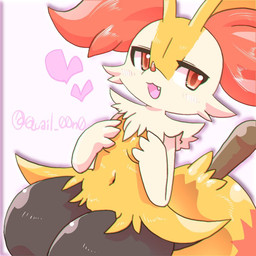 3_fingers :3 anthro arm_tuft big_tail biped black_body black_fur blush blush_lines breasts cheek_tuft chest_tuft covering covering_breasts cute_fangs dipstick_tail dutch_angle facial_tuft fangs female female_anthro fingers front_view fur hand_bra heart_symbol hip_tuft inner_ear_fluff markings multicolored_body multicolored_fur nude nude_anthro nude_female object_in_tail open_:3 open_mouth orange_body orange_eyes orange_fur orange_inner_ear_fluff orange_nose orange_tail_tip pink_background shoulder_tuft simple_background sitting small_breasts snout solo stick stick_in_tail tail tail_markings teeth three-quarter_view tongue tuft twitter_handle two_tone_tail white_body white_fur yellow_body yellow_fur yellow_tail quail_00n0 nintendo pokemon braixen canid generation_6_pokemon mammal pokemon_(species) 1:1 2021 cel_shading colored digital_drawing_(artwork) digital_media_(artwork) japanese_description portrait shaded signature three-quarter_portrait
