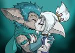 blue_eyes blue_hair duo eyes_closed hair hand_on_chest hand_on_shoulder hug kissing male male/male romantic romantic_couple scarf white_hair twili_z guild_wars dhibb kiar asura humanoid hi_res