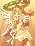 1_eye armband big_breasts bottomwear bracelet breasts choker christmas_clothing christmas_headwear clothed clothing eyelashes feathered_wings feathers female fire flaming_hair gloves half-closed_eyes handwear hat headgear headwear holidays jewelry legband loincloth looking_at_viewer mouthless multi_wing narrowed_eyes necklace pseudo_hair santa_hat skimpy small_waist solo thick_thighs thighband under_boob wide_hips wings yellow_body yellow_eyes notyoursagittarius christmas angel_girl_(notyoursagittarius) angel biblically_accurate_angel humanoid ophan hi_res