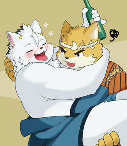 alcohol_bottle anthro beverage_bottle blush bottle bridal_carry carrying_another container drunk duo eyebrows fur male male/male orange_body orange_fur overweight substance_intoxication thick_eyebrows white_body white_fur pohoho0 tamacolle chikuzen_(tamacolle) musashi_(tamacolle) canid canine canis domestic_dog mammal shiba_inu spitz absurd_res hi_res