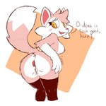 anthro anus big_butt black_clothing black_legwear black_stockings blush blush_lines breasts butt butt_heart claws clothed clothing eyelashes female fox_ears fur genitals legwear long_snout partially_clothed pink_body pink_fur presenting presenting_hindquarters snout solo speech_bubble stockings text toony tufted_fur vulva white_body white_fur worried yellow_eyes fidelbon chikn_nuggit milkshek_(chikn_nuggit) canid canine fox mammal true_fox 1:1 2025 absurd_res colored colored_sketch digital_media_(artwork) english_text hi_res signature sketch