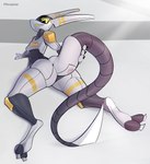 anthro butt feet female holding_tail horn long_horn long_tail lying machine multicolored_body on_side pose raised_tail rear_view scales sharp_teeth smile solo spread_legs spreading tail talons teeth toes visor wide_hips yellow_eyes plecopsar jane_(ara_squawks) robot absurd_res hi_res pinup shaded