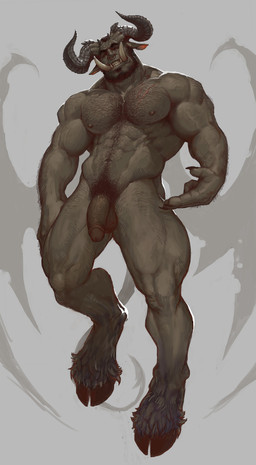 abs arm_hair balls biceps big_muscles big_pecs body_hair chest_hair claws eyebrows facial_piercing flaccid foreskin genitals gesture hair hand_gesture hooves horn huge_pecs levitation looking_at_viewer male muscular muscular_humanoid muscular_male navel nipples nose_piercing nude orange_eyes pecs penis piercing pointing pointing_at_penis pubes retracted_foreskin scar short_hair simple_background snarling solo tusks vein veiny_muscles wings pockyrumz demon humanoid absurd_res hi_res