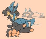 ambiguous_gender anthro blue_body butt feet foot_focus fur looking_at_viewer narrowed_eyes pawpads paws simple_background solo spikes spikes_(anatomy) tail yellow_body yellow_fur sleepygills nintendo pokemon generation_4_pokemon lucario pokemon_(species) 2024 signature