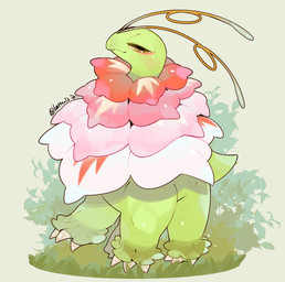 ambiguous_gender antennae_(anatomy) claws eyelashes feral grass green_body narrowed_eyes plant simple_background solo tail yellow_eyes batten12 nintendo pokemon pokemon_legends_z-a generation_9_pokemon mega_evolution mega_meganium pokemon_(species) 2025 hi_res signature