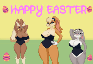 anthro big_breasts big_ears breasts bunny_costume clothing costume female group hand_on_hip hands_behind_head holidays looking_at_viewer multiple_poses narrowed_eyes pose smile smiling_at_viewer standing thick_thighs trio dogmickhot disney easter looney_tunes nintendo pokemon warner_brothers zootopia judy_hopps lola_bunny generation_4_pokemon lagomorph leporid lopunny mammal pokemon_(species) rabbit absurd_res colored hi_res