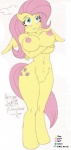 anthro anthrofied big_breasts breasts cutie_mark feathered_wings feathers female genitals hair navel nipples pink_hair pussy solo tail text wings yellow_body yellow_feathers jojocoso friendship_is_magic hasbro my_little_pony mythology fluttershy_(mlp) equid equine mammal mythological_creature mythological_equine pegasus english_text hi_res