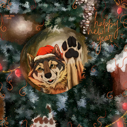 ambiguous_feral ambiguous_gender black_nose black_pawpads christmas_clothing christmas_decorations christmas_headwear christmas_ornament clothing feral front_view fur glistening glistening_eyes grey_body grey_fur hat headgear headwear holidays looking_at_viewer open_mouth open_smile ornament pawpads red_clothing red_hat red_headwear reflection santa_hat smile solo tan_body tan_fur yellow_eyes msdeadsoul christmas taki_(taki-wolf) canid canine canis mammal wolf 1:1 hi_res