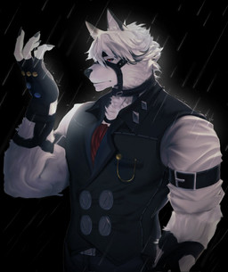 anthro biped fur looking_at_viewer male muscular muscular_anthro muscular_male muzzle_(object) raining red_eyes solo white_body white_fur absok29 mihoyo zenless_zone_zero von_lycaon canid canine canis mammal wolf 2024 hi_res
