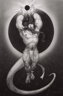 anthro bottomwear clothing eclipse jewelry loincloth male muscular muscular_male sun tail cu_sith_(artist) mythology mammal absurd_res greyscale hi_res monochrome traditional_media_(artwork)