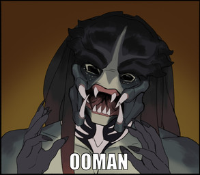 5_fingers black_border black_eyes border fingers looking_at_viewer male male_humanoid mandibles nude nude_humanoid nude_male open_mouth pseudo_hair sharp_teeth simple_background solo teeth tentacle_hair tentacles text leafjuly ancient_aliens predator_(franchise) alien alien_humanoid humanoid yautja colored hi_res image_macro meme