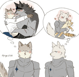 annoyed anthro armor black_nose blush blush_lines brown_body brown_fur facial_scar feral fluffy fluffy_tail fur grey_body grey_fur group hand_under_shirt heart_symbol intimate jealous kemono knight knight_armor looking_at_another male male/male medieval medieval_armor military narrowed_eyes no_pupils on_lap pointy_ears scar sitting_on_lap soldier tail tan_body tan_fur text warrior white_body white_fur pegu2726 canid canine canis domestic_cat felid feline felis mammal wolf 2026 absurd_res comic english_text hi_res