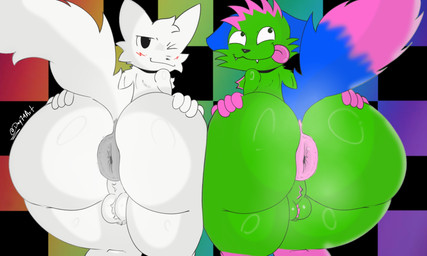 anthro anus balls big_butt butt duo fur genitals green_body green_fur holding_butt looking_at_viewer looking_back male multicolored_body multicolored_fur musk musk_clouds one_eye_closed puffy_anus rainbow_background raised_tail simple_background spread_butt spreading tail tongue tongue_out white_body white_fur wink winking_at_viewer day74art boy_kisser_(meme) don't_touch_my_pizza_(meme) nyanwolf kevin_(nyanwolf) silly_cat_(mauzymice) canid canine canis mammal wolf 5:3 hi_res meme
