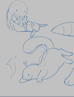 3_toes animal_genitalia animal_penis anthro biped blush canine_genitalia canine_penis dot_eyes duo feet fellatio female feral fur genitals knot lying male male/female on_back oral paws penile penis quadruped sex simple_eyes smile solo toes tongue tongue_out bigfishyfishy nintendo pokemon canid eevee generation_1_pokemon generation_2_pokemon mammal pokemon_(species) quagsire