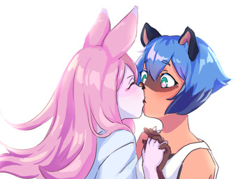 anthro anthro_on_anthro black_nose blue_eyes blue_hair blush brown_body brown_fur clothed clothing duo eyes_closed female female/female fur gloves_(marking) hair interlocked_fingers kiss_on_lips kissing long_hair markings pink_body pink_fur pink_hair shirt short_hair simple_background tank_top topwear white_background rrkk brand_new_animal studio_trigger michiru_kagemori nazuna_hiwatashi canid canine fox mammal raccoon_dog tanuki 2020 4:3 hi_res