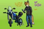 anthro canid canine clothing english_text fox machine male mammal mephis motorcycle neybulot okami-the-wolf simple_background solo text vehicle wheel