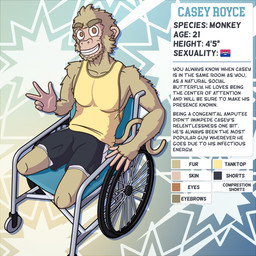 amputated_legs amputee anthro black_bottomwear black_clothing black_shorts bottomwear brown_eyes clothing compression_shorts confident disability gesture hand_gesture lgbt_pride looking_up male nipples_visible_through_clothing outline pride_colors shirt shorts smile solo tail tank_top text topwear v_sign vehicle visible_underwear wheelchair yellow_body yellow_clothing yellow_topwear archth haplorhine mammal monkey primate 1:1 cel_shading english_text hi_res model_sheet shaded