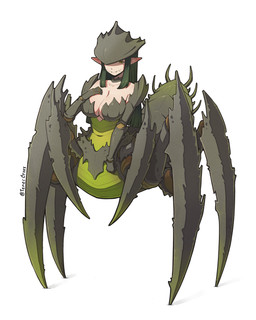 arthropod_abdomen big_breasts breasts carapace female green_eyes green_hair hair humanoid_pointy_ears long_hair pointy_ears solo tenescross european_mythology greek_mythology helldivers mythology arachne arachnid arachnid_taur arthropod arthropod_taur bile_titan insect taur terminid absurd_res hi_res signature