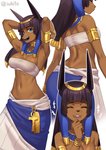 anthro arms_above_head blush bottomwear breasts clothing eyes_closed female hair midriff navel open_mouth sarong simple_background solo topwear white_background iwbitu egyptian_mythology middle_eastern_mythology mythology zenonzard anbs-02 anubis anubian_jackal canid canine canis deity jackal mammal 2020 digital_media_(artwork) hi_res multiple_images