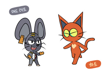 anthro anthrofied chibi duo fur grey_body grey_fur male red_body red_fur style_emulation text jaeki animal_crossing mad_rat_dead nintendo nippon_ichi_software heart_(mad_rat_dead) mad_rat_(mad_rat_dead) domestic_cat felid feline felis mammal murid murine rat rodent crossover korean_text