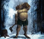 anthro axe belly belly_hair big_belly body_hair bottomwear breath chest_hair clothing holding_object male musclegut muscular navel plant shirtless shorts snow solo thick_thighs tree winter wood pacific_coyote kent_(pacific_coyote) deer mammal 2023 hi_res painting_(artwork) signature