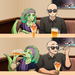 5_fingers accessory alcohol anthro bald beer beer_mug beverage blush claws clothing collared_shirt crossed_arms dessert detailed_background dress_shirt drinking duo eye_bags eyelashes eyes_closed eyewear female finger_claws fingers food green_body green_hair green_scales grey_eyes hair headband ice_cream inside light-skinned_male light_body light_skin long_hair long_sleeves long_tail male scales shirt sitting snout stubble sundae sunglasses tail text topwear yellow_sclera jauntyweb cavemanon_studios i_wani_hug_that_gator inco_(iwhtg) olivia_halford baryonyx dinosaur human mammal prehistoric_species reptile saurischian scalie spinosaurid theropod 1:1 2025 artist_name comic digital_drawing_(artwork) digital_media_(artwork) hi_res watermark